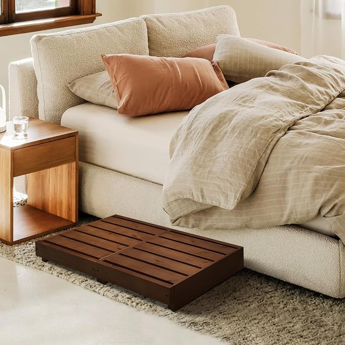 Indoor Wooden Step Stool 3.5'' Height, Outdoor Steps with Non Slip Pads, Step for Outside, Safety Stepping Stool for Bathroom, Kitchen, Bed, Dark Brown