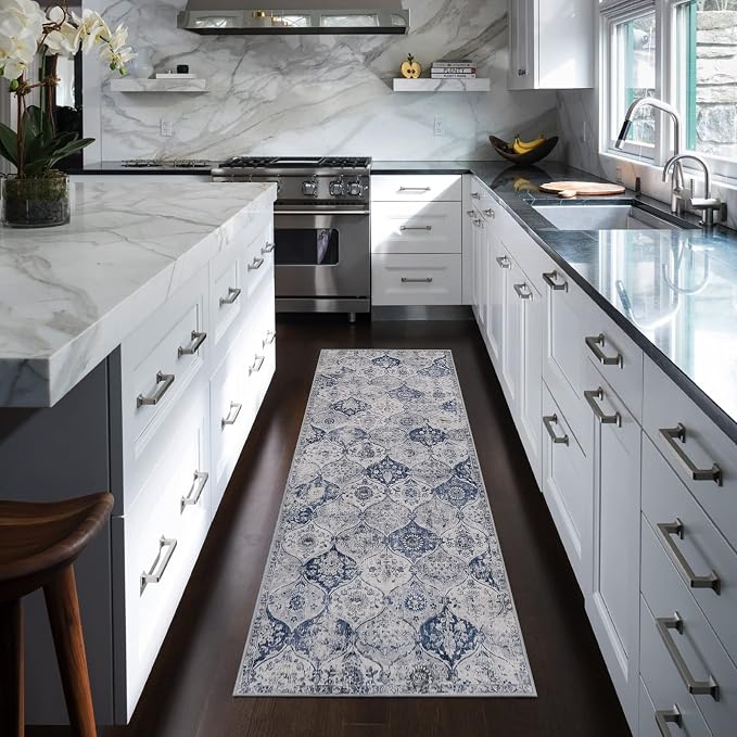 Lahome Moroccan Trellis Washable Runner Rug, 2x6 Kitchen Runners for Hallways 6 Feet Non Slip, Vintage Laundry Room Ultra-Thin Carpet for Bathroom Bedroom Entryway Elise, White/Royal Blue