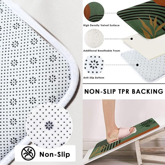 Boho Mid Century Shower Curtain Set with Toilet Lid Cover and Non-Slip Rugs, Green Background 4 Pcs Modern Minimalist Shower Curtain for Bathroom Set with 12 Hooks
