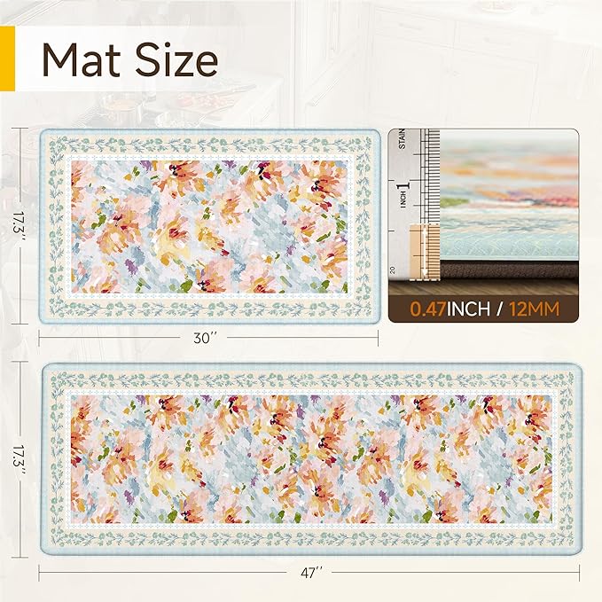 Anti Fatigue Kitchen Mats 2PCS Thick Non Slip Cushioned Rugs Blue Abstract Floral Waterproof Comfort Standing Mats for Floor Sink Laundry Office 17.3"×47"+17.3"×30"