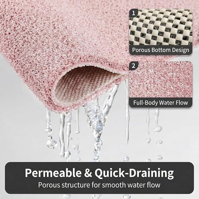 Shower Mat Non Slip, 16 x 24 Inch, Pink Shower Mats for Inside Shower, Soft PVC Loofah Bath Mats for Tub, Quick Drying Easy Cleaning Bathroom Stall Floor Mat Without Suction Cup