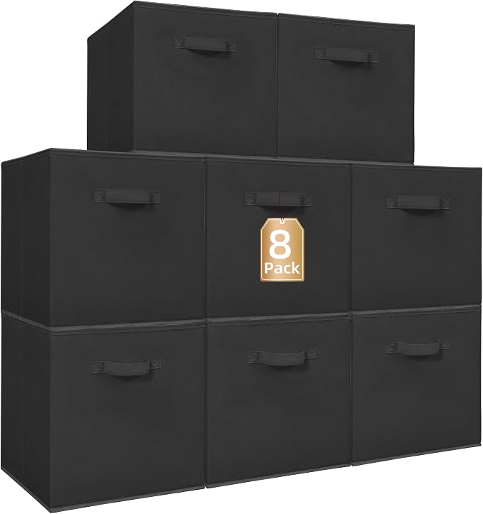 STORAGE MANIAC Storage Cubes, 13 Inch Collapsible Storage Bins with Handles, 8 Pack Fabric Foldable Bins for Organization, Durable Storage Bins for Closet, Shelves, Offices, 8-Pack Black