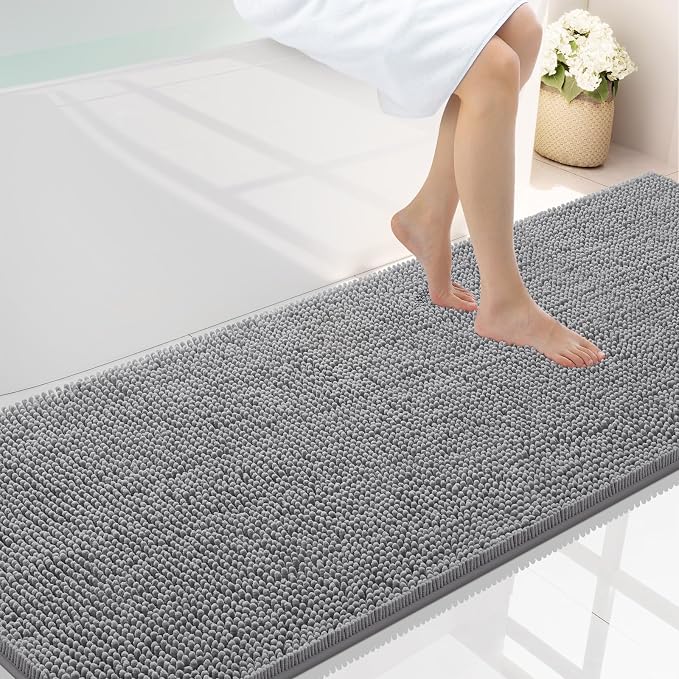 Smiry Luxury Chenille Bathroom Rugs 70x24, Extra Soft and Absorbent Shaggy Bath Mat, Machine Washable, Non-Slip Plush Carpet Runner for Tub, Shower, and Floor, Home Decor Accessories, Grey