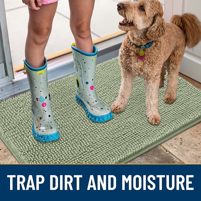 Smiry Dog Door Mat for Muddy Paws 59x24, Absorbent Dirt Trapper, Non-Slip Washable Chenille Entryway Rug for Inside Floor, Sage Green, Classic Solid