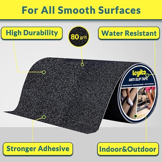 Anti Slip Tape, 12 Inch x 16 Ft Grip Tape for Stairs Outdoor/Indoor, Waterproof Non Skid Roll for Stair Treads Non Slip, High Traction Friction Abrasive Adhesive Stair Steps - Black