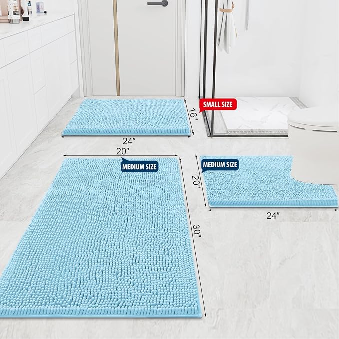Smiry Luxury Chenille Bathroom Rugs 47x24, Extra Soft and Absorbent Shaggy Bath Mat, Machine Washable, Non-Slip Plush Carpet Runner for Tub, Shower, and Floor, Home Decor Accessories, Sky Blue