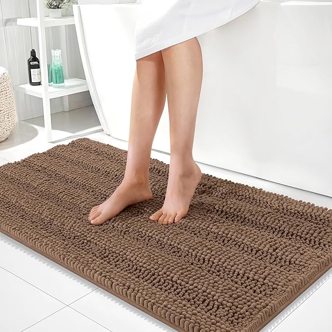 OLANLY Thick Bathroom Runner Rugs 44x24, Extra Absorbent Chenille Striped Bath Rugs, Rubber Backing, Machine Wash Dry, Long Bath Mats for Bathroom Floor, Tub and Shower, Home Decor Accessories, Mocha