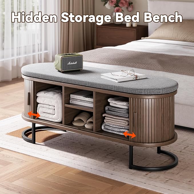 Decofy Storage Bench with Cushion and Sliding Doors, 47.2 Inch Large Entryway Shoe Bench with Sturdy Metal Feet, Multi-Functional for Entrance Hall, Bedroom, Living Room (Walnut)