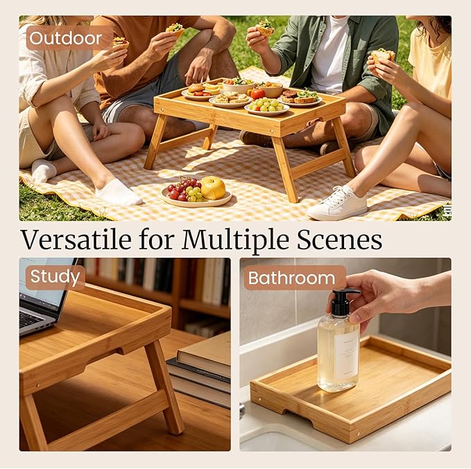 Fibogollo 2 Pack Bamboo Bed Tray Table with Folding Legs,Breakfast Trays,Serving Tray for Food and Snack,Laptop Trays for Working(Natural)