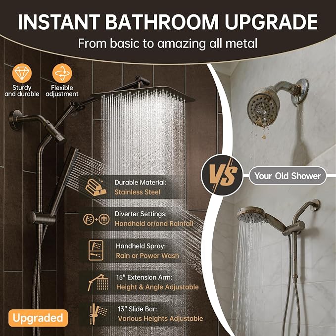 Veken All Metal 10" Oil Rubbed Bronze Shower Head with Handheld, Luxurious Square Double Rain Shower Heads with Power-wash Hand Held, Dual High Pressure Detachable Rainfall Showerhead,Bathroom Upgrade
