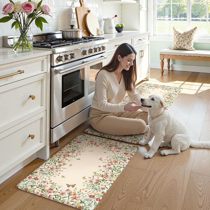 KIMODE Kitchen Mats for Floor Anti Fatigue, Flower Butterfly Kitchen Rugs Sets of 2, Cushioned Kitchen Floor Mats, Comfort Standing Mat for Sink Laundry Office Desk 20"x47"+20"x32" Beige