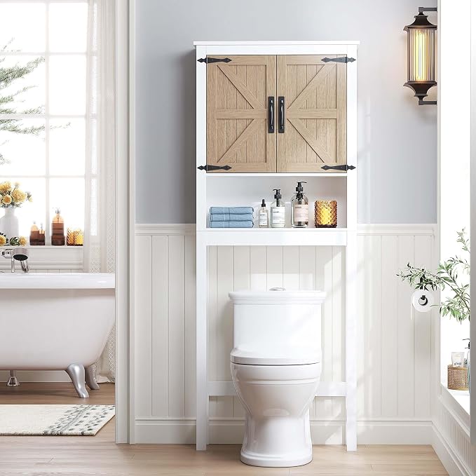 Spirich Over The Toilet Storage Cabinet, Farmhouse Over Toilet Bathroom Organizer with Wood Grain Barn Doors and Adjustable Shelves