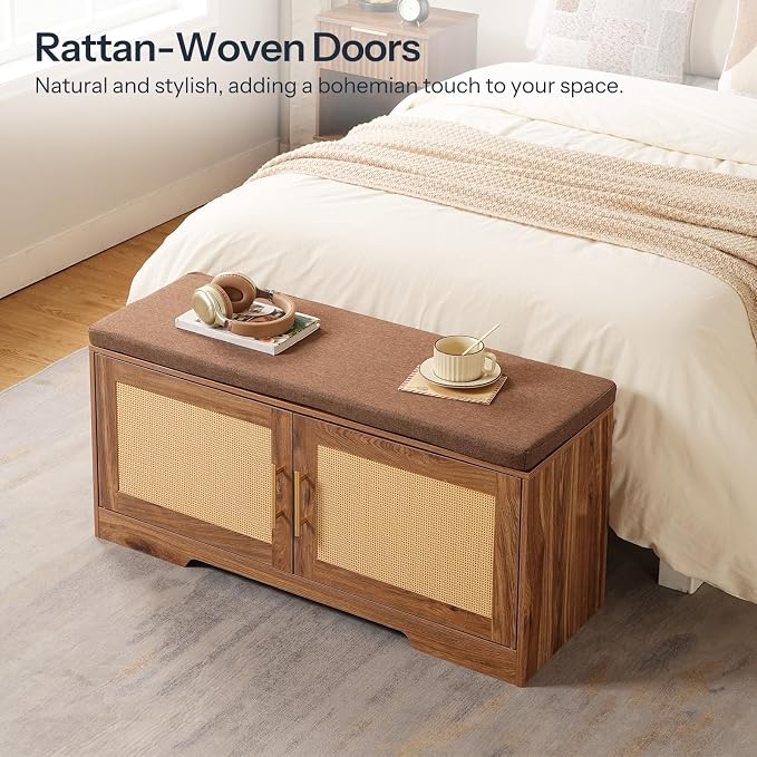 HOOBRO Faux Rattan Shoe Storage Bench with Cushion, Boho Entryway Bench with 2 Doors and Adjustable Shelves, Pet-Proof Hidden Shoe Cabinet for Hallway, Living Room, 39.2" L, Natural, CE53HX01