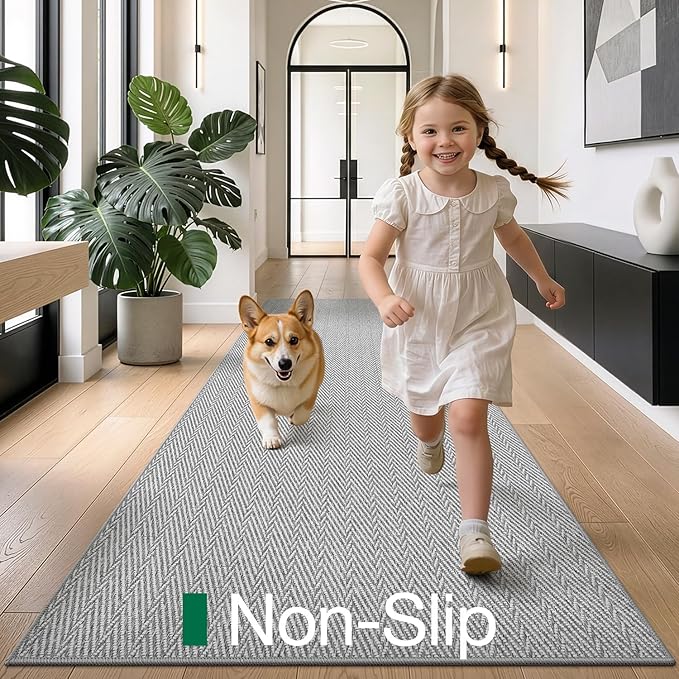 LUMI Ultra Thin Runner Rug for Hallway 2.7'x8', Non-Slip Entryway Rug with Rubber Backing, Unique Herringbone Design for Hallway, Entry, Kitchen, Patio, Gray
