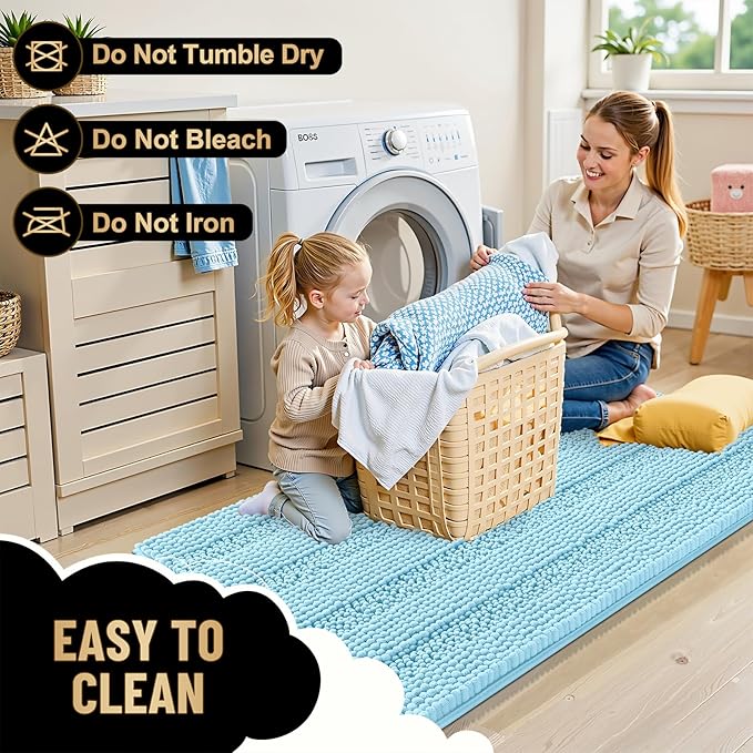 OLANLY Thick Bathroom Rugs 36x24, Extra Soft Absorbent Chenille Striped Bath Rugs, Rubber Backing, Machine Wash Dry, Bath Mats for Bathroom Floor, Tub and Shower, Home Decor Accessories, Sky Blue