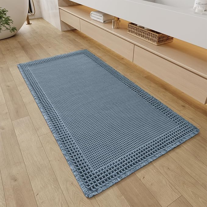 RESARE Waffle Bathroom Runner Rugs, Super Absorbent Bath Mat Non Slip Washable Quick Dry, Upgraded Ultra Soft Boho Bath Rugs with Tassels, Farmhouse Home Decor Accessories, 2'x4'(24"x48") Blue
