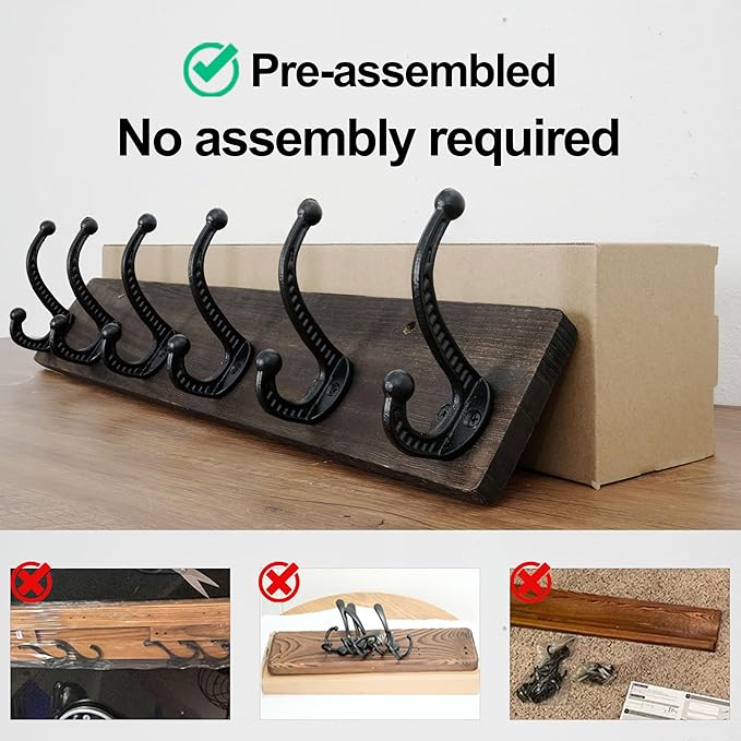 WEBI Rustic Coat Rack Wall Mount,24" Long 6 Cast Iron Coat Hooks Wall Mounted,Heavy Duty Wood Wall Coat Hanger Hooks for Hanging Coats,Jacket,Clothes,Backpack,Farmhouse,Weathered Brown,2 Packs