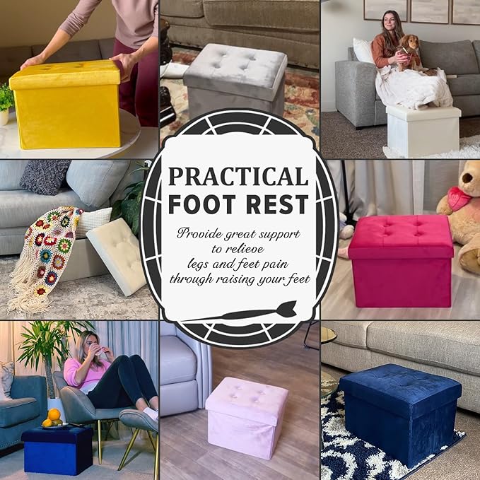 LINMAGCO Storage Ottoman Folding Foot Stool Velvet Foot Rest with Padded Modern Ottoman with Storage for Living Room Puppy Step Stool 17x13x13in(Neon Red)