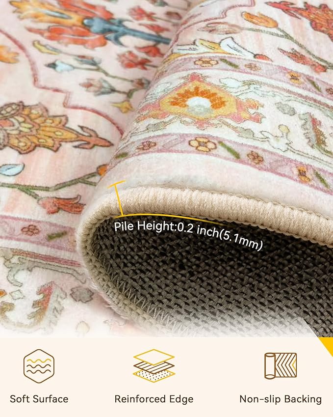 RELEANY Area Rugs 5'x8' Washable Non-Slip, Floral Vintage Distress Medallion Carpet for Living Room Bedroom Dining Room, Light Pink Colorful