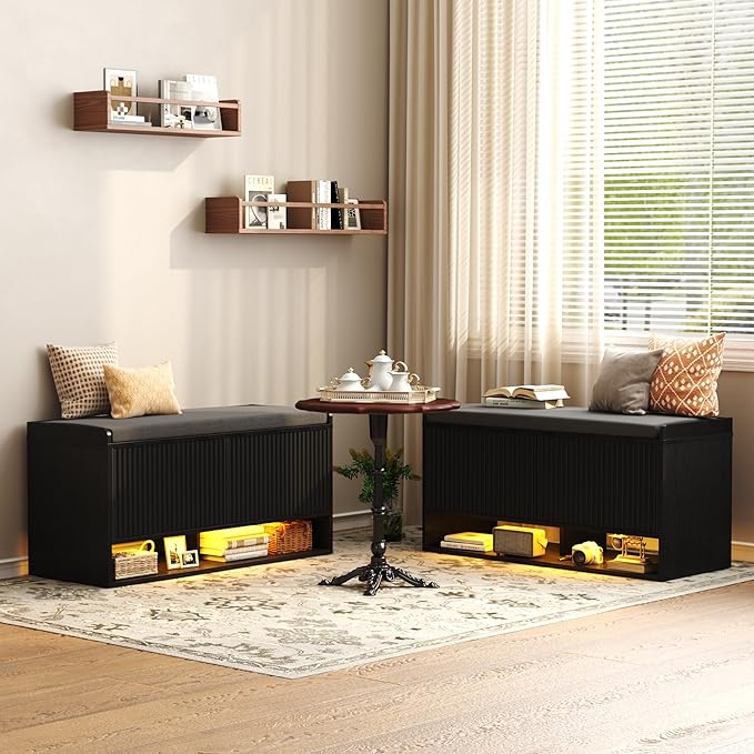HOMEFORT 39.4" Fluted Shoe Storage Bench, Entryway Bench with Linen Seat Cushion, Shoe Cabinet Bench with Adjustable Shelf and Built-in LED Sensor Light, Bench for Bedroom End of Bed,Black