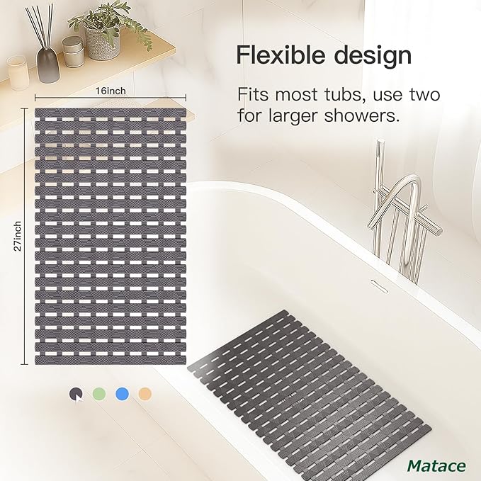 Bathtub Mat Non Slip - for Inside Bath Tub & Shower, Small 27x16 Inch, 180 Strong Suction Cups, Soft Textured Surface, Fast Drain & Quick Dry, Bathroom Safety Mat, Dark Gray, Matace
