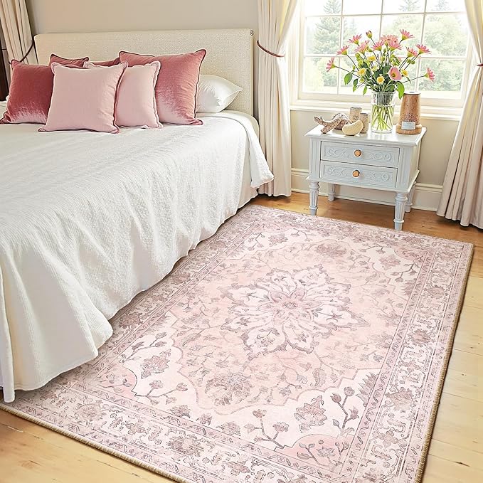 RELEANY Area Rugs 4'x6' Washable Non-Slip, Floral Vintage Distress Medallion Carpet for Living Room Bedroom Dining Room, Pink Greypink Cute