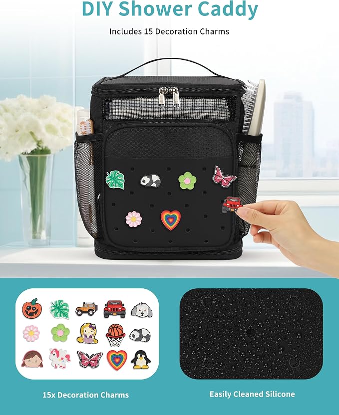 Shower Caddy Portable, Hanging Shower Caddy with DIY Decoration Charms for College Dorm Room Essentials, Quick Dry Shower Bag Mesh Toiletry Bag for Bathroom, Gym, Camping, Swiming, Beach, Traveling