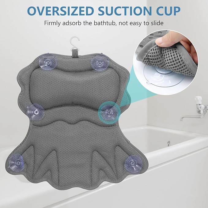 SetSail Bath Pillow, Relaxing Bath Pillows for Tub Neck and Back Support Soft 4D Breathable Air Mesh Ergonomic Bathtub Pillow with 6 Strong Suction Cups and Hook Luxury Bathroom Accessories,Grey
