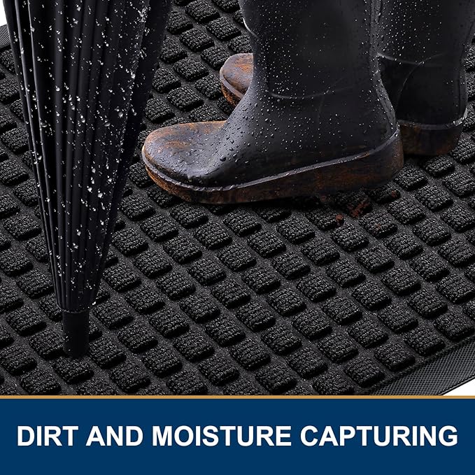 Smiry Front Door Mat Outside Entrance, Heavy Duty Natural Rubber Doormat, Non Slip, Trap Dirt and Moisture, Easy Clean, Low Profile Welcome Floor Mats for Indoor Outdoor Entry, 29.5x17 Inch, Black