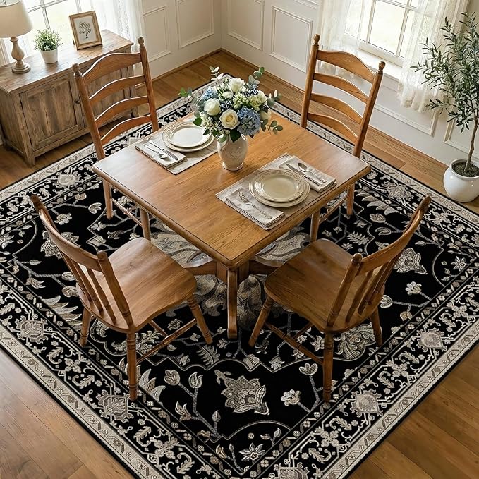RELEANY Area Rugs Square 7ft Washable Non-Slip, Floral Vintage Distress Medallion Carpet for Living Room Bedroom Dining Room, Black Brown Neutral Dark Tan