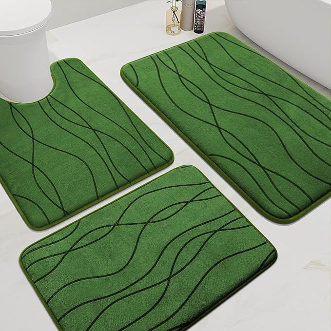YIHOUSE Memory Foam Bathroom Rug Sets, Glass Green, 3 Pieces | Ultra Soft, Absorbent, Non-Slip, Machine Washable