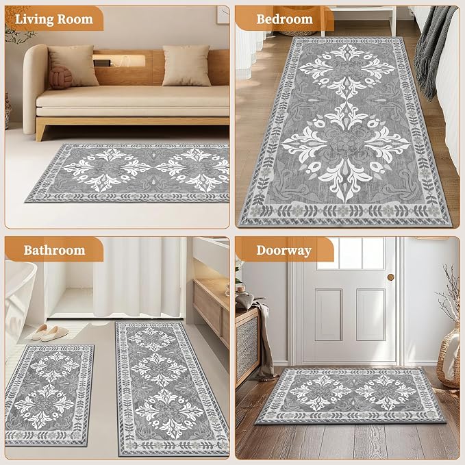 Kitchen Rugs Set of 3, Non-Slip & Washable Floor Mats, Water-Absorbent Area Pad, Standing Desk Mat for Office, Home, Doorway, Laundry, Kitchen Accessories (Light Grey)
