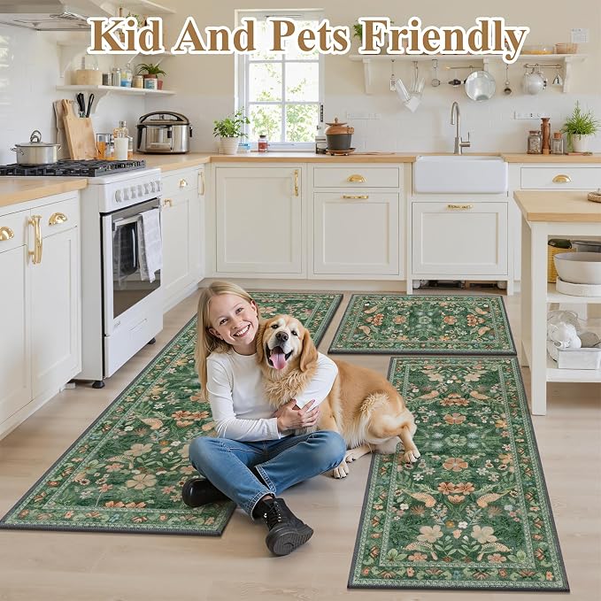 HEBE Boho Kitchen Rugs Sets of 3, Non Slip Washable Kitchen Mats for Floor, Farmhouse Kitchen Carpet Runner Rug Set for Sink, Stove, Laundry Room & Hallway
