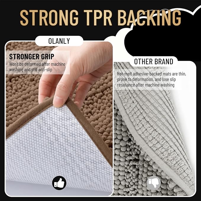 OLANLY Thick Bathroom Rugs 30x20, Extra Soft Absorbent Chenille Striped Bath Rugs, Rubber Backing, Machine Wash Dry, Bath Mats for Bathroom Floor, Tub and Shower, Home Decor Accessories, Mocha