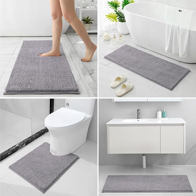 HOMEIDEAS 3 Pieces Bathroom Rugs, Extra Large Ultra Soft Non Slip Absorbent Chenille Toilet Bath Mat Set (Grey)