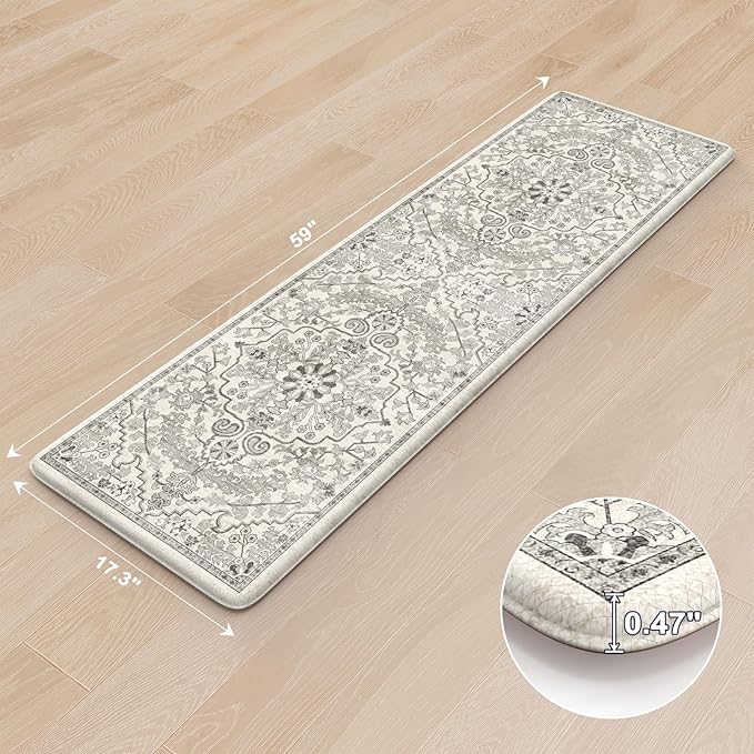 KIMODE Anti Fatigue Kitchen Mat, Cushioned Boho Kitchen Runner, Non Slip Farmhouse Kitchen Mat for Floor, Waterproof Standing Desk Mat for Laundry, Office, Sink Grey 17.3"x59"