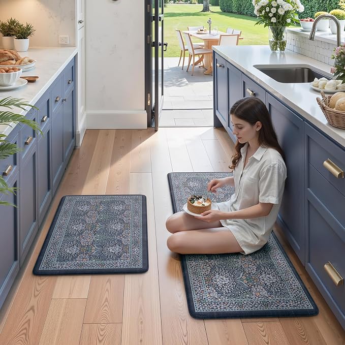 Collive Kitchen Mats for Floor 2PCS, Cushioned Anti Fatigue Rugs Non Slip Waterproof Kitchen Sink Mat, Dark Blue Floral Standing Mat for Bar, Office, Desk, Home Decor, 20" x 47" + 20" x 32"