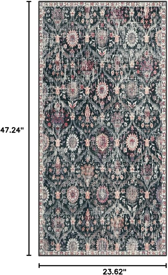 Lahome Kitchen Rugs Non Slip Washable Rugs for Entryway, 2x4 Rug Non-Slip Moroccan Trellis Ultra-Thin Indoor Door Mat Small Carpet for Bathroom Bedroom Entry Elise, Black/Multi