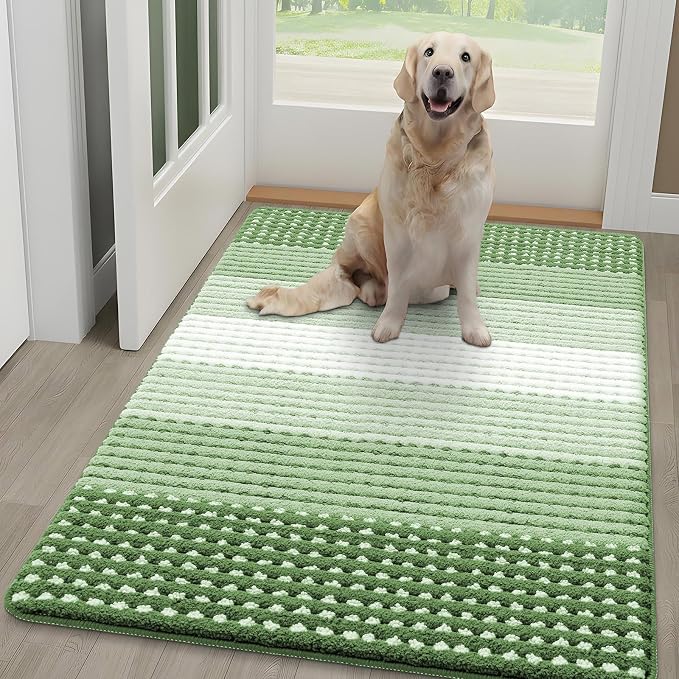 Kitinjoy Indoor Outdoor Door Mat, 48x30 Non-Slip Absorbent Dirt Trapper, Low-Profile Washable Inside Entrance Front Floor Mat, Sturdy Soft Entry Dotted Ombre Doormats for Entryway, Sage Green