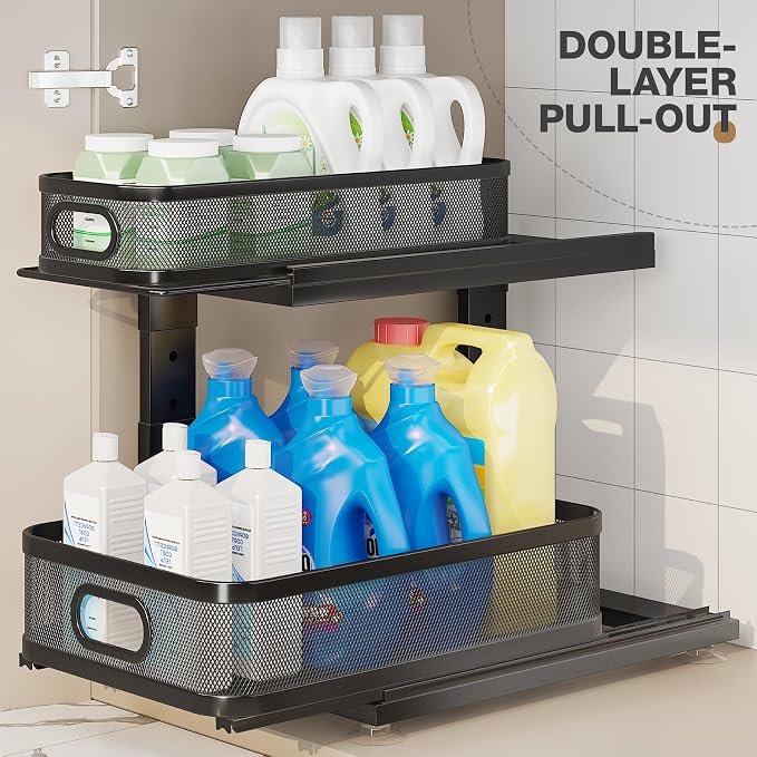 1 Pack 15IN-Depth Under Sink Organizer with Next-Gen Ball-Bearing Slides,2-Tier Precision Mesh Pull Out Cabinet Storage for Bathroom&Kitchen,Height Adjustable Drawers Shelf,Anti-Rust-Black