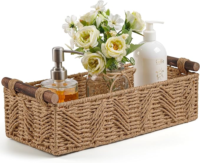 Bathroom Baskets for Organizing with Handle Decorative Basket for Bathroom Countertop Storage Toilet Paper Storage Basket for Toilet Tank Top Small Baskets Set,Cream