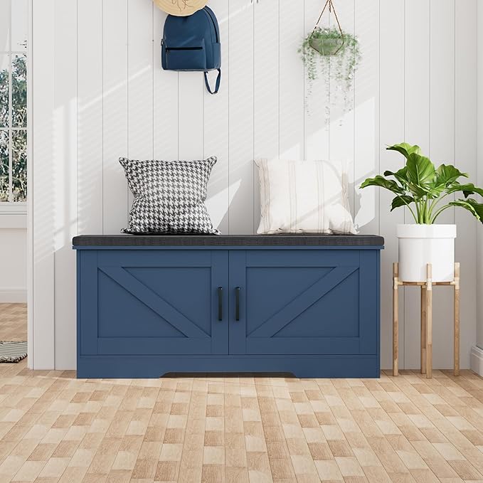 HOMSHO 2-Tier Storage Bench, 39.4" Wide Shoe Bench with Padded Seat Cushion, Entryway Bench with 2 Barn Doors and Adjustable Shelf, Blue