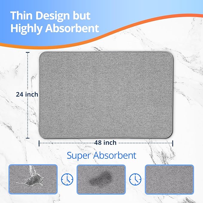 Upgraded Bath Mat 24x48Inch, Thin Bath Mats Rugs with Rubber Backing Non-Slip, Absorbent,Quick Dry Machine Washable, Home Decor Accessories Cozy Cloth Bathroom Rugs fit Under Door/Sink/Tub/Shower-Gray