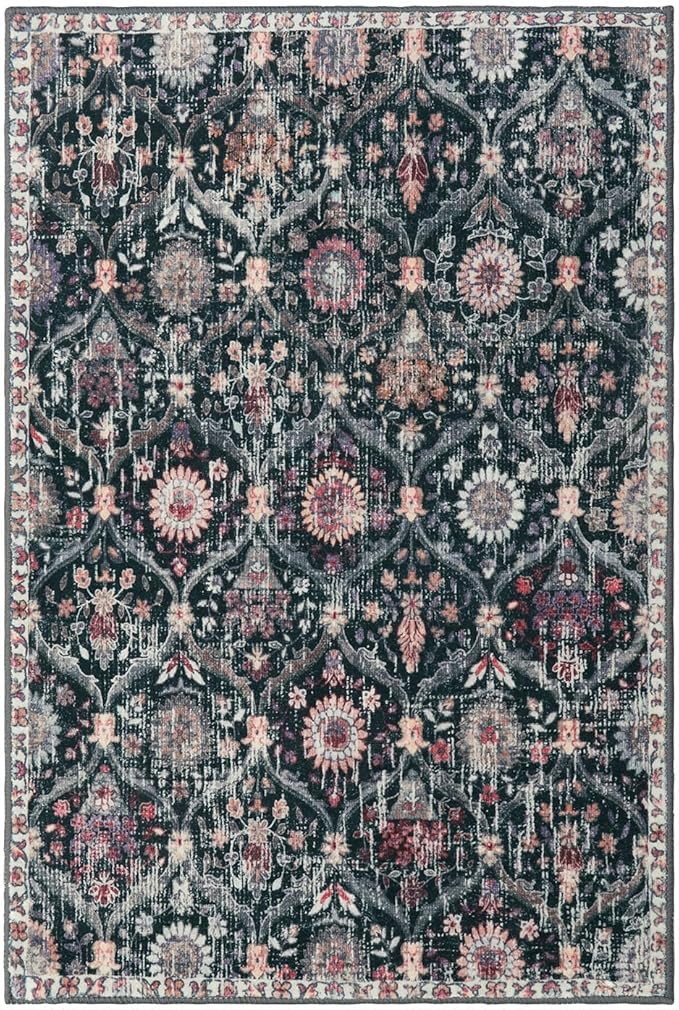 Lahome Moroccan Trellis Washable Rug, 2x3 Entryway Rugs for Kitchen Bathroom, Non-Slip Indoor Door Mat Ultra-Thin, Small Oriental Throw Carpet for Bedroom Entry Elise, Black/Multi