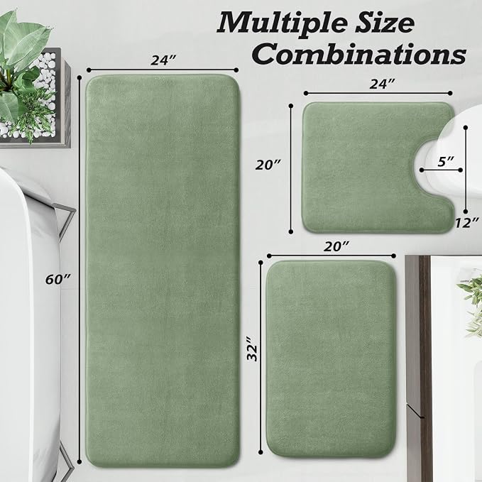 HUXMEYSON Bathroom Rugs Sets 3 Piece, Non-Slip & Quick Dry Bath Mat Set, Ultra Soft Velvet Bath Rugs for Bathroom, Toilet and Shower Floor, Grey Green