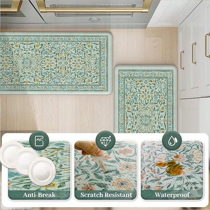 KIMODE Kitchen Mats for Floor Anti Fatigue, Kitchen Floor Mats 17.3"x29"+17.3"x47", Boho Floral Kitchen Rugs Sets of 2, Comfort Padded Rugs for Kitchen Floor Laundry Office Sink Desk Blue Green
