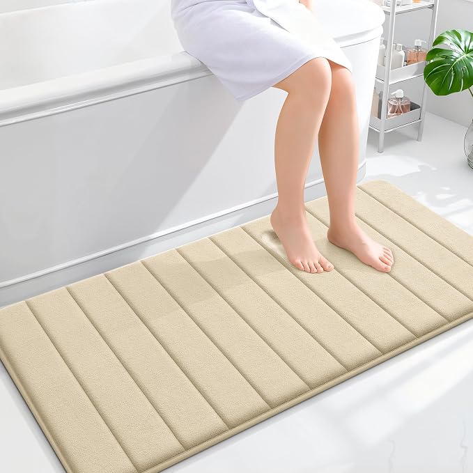 OLANLY Memory Foam Long Bathroom Rugs Runner 47x24, Super Soft Absorbent Bath Mat, Quick Dry, Machine Washable Shower Floor Rugs, Bathmat Carpet, Bathroom Home Decor Accessories, Beige