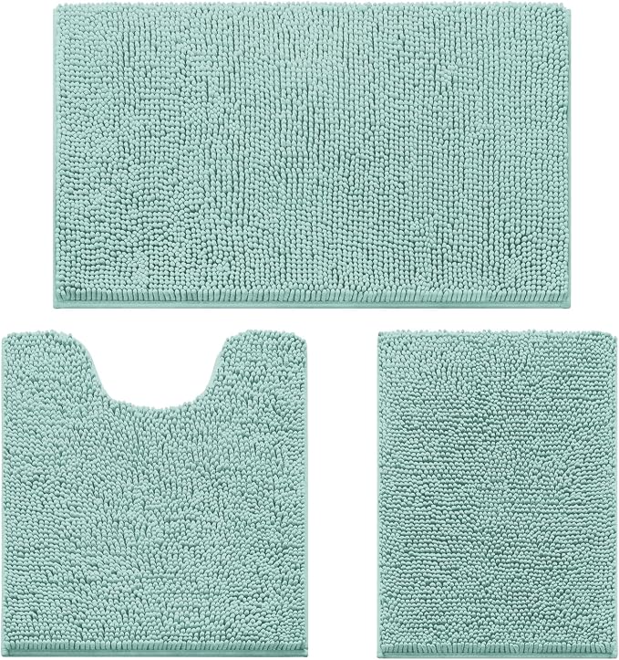 HOMEIDEAS 3 Pieces Bathroom Rugs, Ultra Soft Non Slip Absorbent Chenille Toilet Bath Mat Set (Eggshell Blue)
