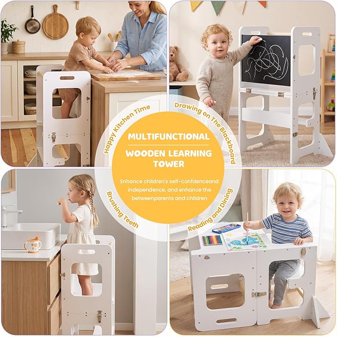labebe Toddler Standing Tower for 12M+, Montessori Foldable Learning Standing Tower with Blackboard, Anti-tip Structure Design,Wooden Kitchen Step Helper Stool for 1-3 Year Old Boy Girl Gift (White)