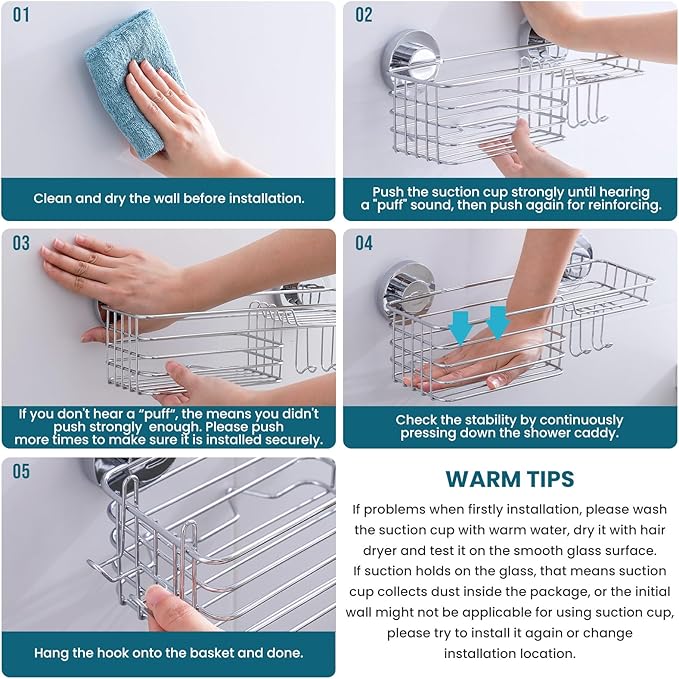 TAILI Shower Caddy with Suction Cups, Wall Mounted Organizer for Small Bathrooms, Kitchen, Removable Drill-Free Heavy Duty Shelf Basket, Silver